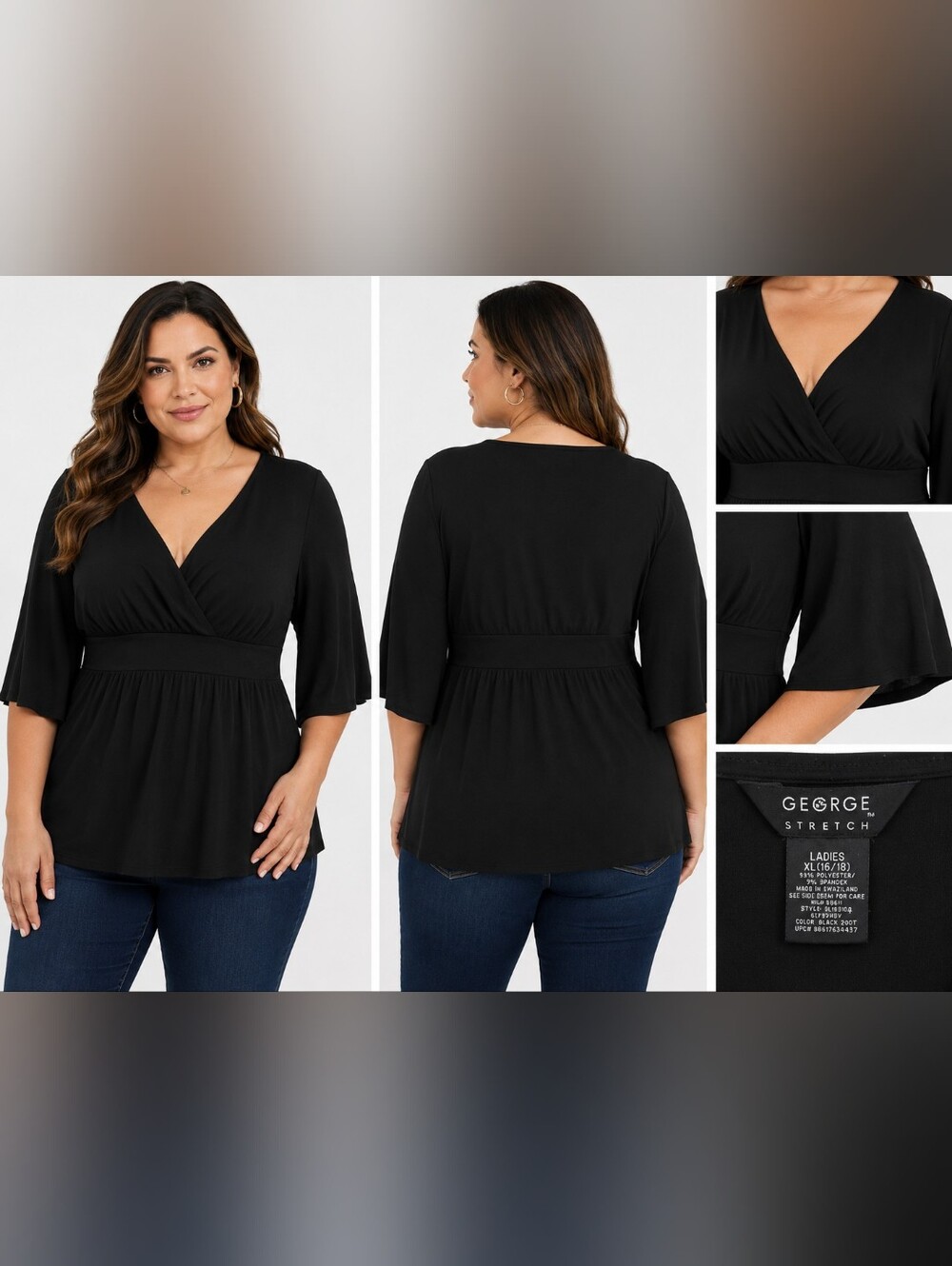 🖤 George Stretch Black Surplice Empire Waist Top XL 16/18